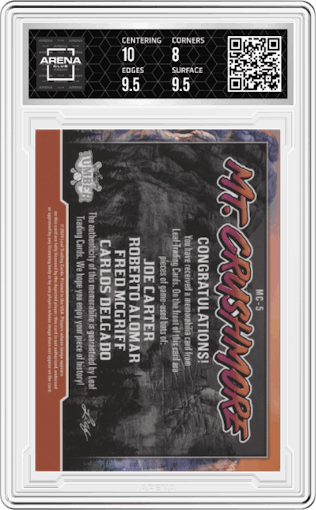 Joe Carter / Roberto Alomar / Fred McGriff / Carlos Delgado from the 2024 Leaf Lumber set featuring a Purple parallel graded by Arena Club and given an overall grade of 8.5.