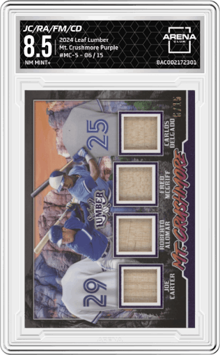Joe Carter / Roberto Alomar / Fred McGriff / Carlos Delgado from the 2024 Leaf Lumber set featuring a Purple parallel graded by Arena Club and given an overall grade of 8.5.