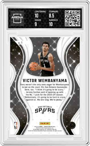 Victor Wembanyama from the 2023-24 Panini Donruss set graded by Arena Club and given an overall grade of 9.