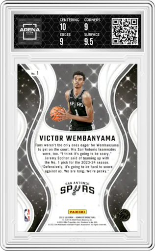 Victor Wembanyama from the 2023-24 Panini Donruss set graded by Arena Club and given an overall grade of 9.5.