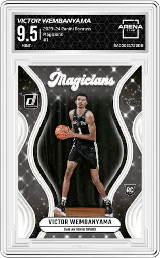 Victor Wembanyama from the 2023-24 Panini Donruss set graded by Arena Club and given an overall grade of 9.5.