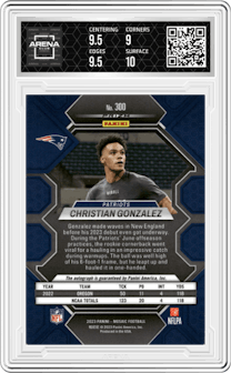 Christian Gonzalez from the 2023 Panini Mosaic set featuring a No Huddle Blue parallel graded by Arena Club and given an overall grade of 9.5.