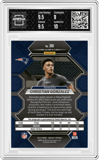 Christian Gonzalez from the 2023 Panini Mosaic set featuring a No Huddle Blue parallel graded by Arena Club and given an overall grade of 9.5.