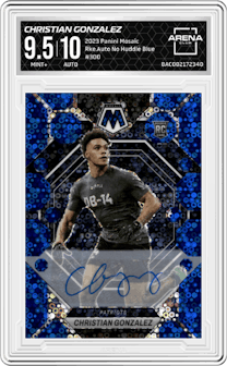 Christian Gonzalez from the 2023 Panini Mosaic set featuring a No Huddle Blue parallel graded by Arena Club and given an overall grade of 9.5.