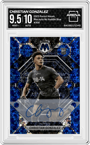 Christian Gonzalez from the 2023 Panini Mosaic set featuring a No Huddle Blue parallel graded by Arena Club and given an overall grade of 9.5.
