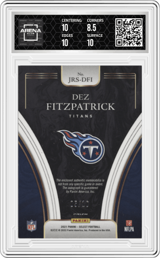 Dez Fitzpatrick from the 2021 Panini Select set featuring a Gold Prizm parallel graded by Arena Club and given an overall grade of 9.