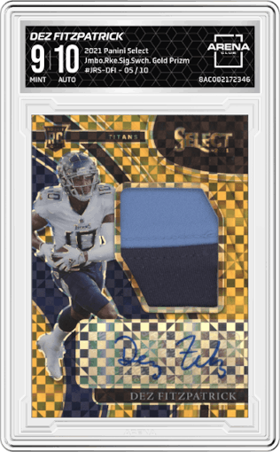 Dez Fitzpatrick from the 2021 Panini Select set featuring a Gold Prizm parallel graded by Arena Club and given an overall grade of 9.