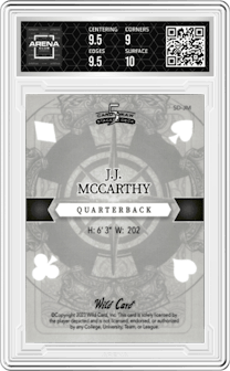 J.J. McCarthy from the 2023 Wild Card 5 Card Draw Stacked Deck set featuring a Lava Green parallel graded by Arena Club and given an overall grade of 9.5.