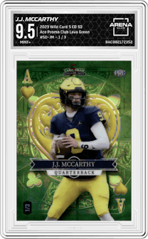 J.J. McCarthy from the 2023 Wild Card 5 Card Draw Stacked Deck set featuring a Lava Green parallel graded by Arena Club and given an overall grade of 9.5.