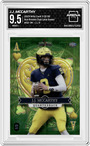 J.J. McCarthy from the 2023 Wild Card 5 Card Draw Stacked Deck set featuring a Lava Green parallel graded by Arena Club and given an overall grade of 9.5.