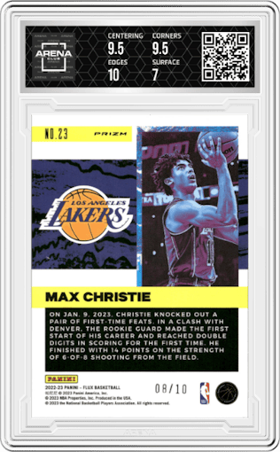 Max Christie from the 2022-23 Panini Flux set featuring a Gold Mojo parallel graded by Arena Club and given an overall grade of 7.5.