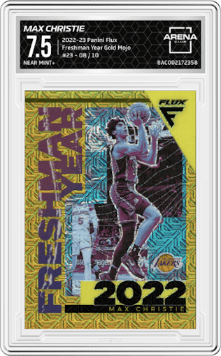 Max Christie from the 2022-23 Panini Flux set featuring a Gold Mojo parallel graded by Arena Club and given an overall grade of 7.5.
