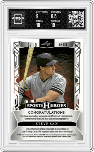 Steve Sax from the 2024 Leaf Metal Sports Heroes set featuring a Platinum Blue Shimmer parallel graded by Arena Club and given an overall grade of 9.
