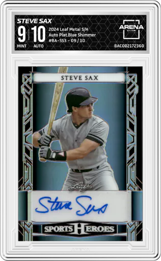 Steve Sax from the 2024 Leaf Metal Sports Heroes set featuring a Platinum Blue Shimmer parallel graded by Arena Club and given an overall grade of 9.