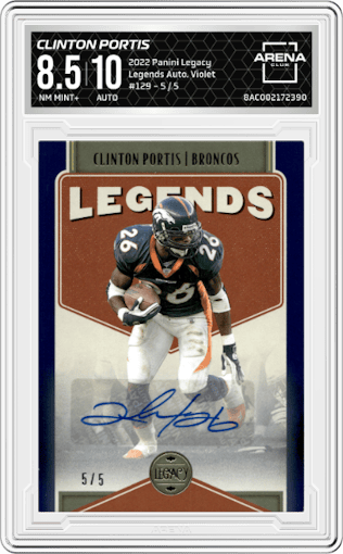 Clinton Portis from the 2022 Panini Legacy set featuring a Violet parallel graded by Arena Club and given an overall grade of 8.5.