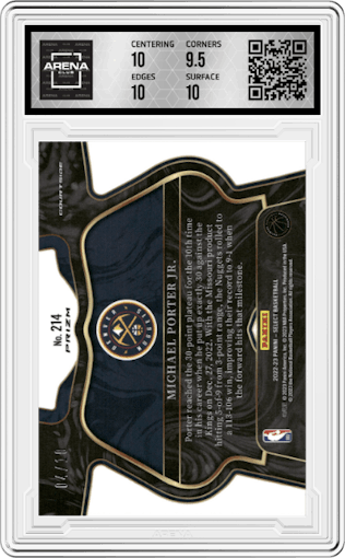 Michael Porter Jr.  from the 2022-23 Panini Select set featuring a Gold Cracked Ice parallel graded by Arena Club and given an overall grade of 10.
