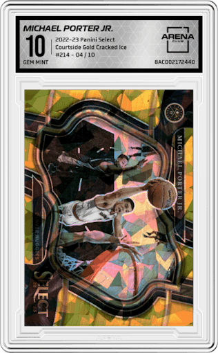 Michael Porter Jr.  from the 2022-23 Panini Select set featuring a Gold Cracked Ice parallel graded by Arena Club and given an overall grade of 10.