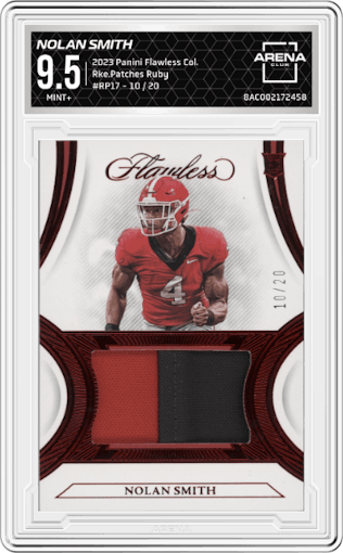 Nolan Smith  from the 2023 Panini Flawless Collegiate set featuring a Ruby  parallel graded by Arena Club and given an overall grade of 9.5.