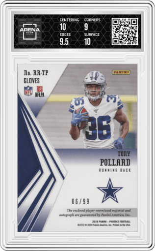 Tony Pollard from the 2019 Panini Phoenix set featuring a Gloves parallel graded by Arena Club and given an overall grade of 9.5.