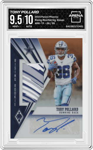 Tony Pollard from the 2019 Panini Phoenix set featuring a Gloves parallel graded by Arena Club and given an overall grade of 9.5.
