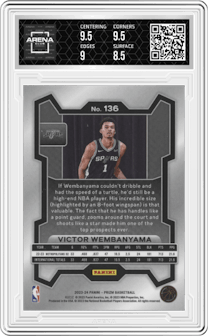 Victor Wembanyama from the 2023-24 Panini Prizm set graded by Arena Club and given an overall grade of 9.