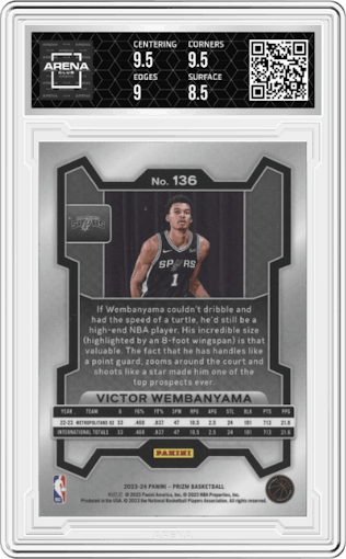 Victor Wembanyama from the 2023-24 Panini Prizm set graded by Arena Club and given an overall grade of 9.
