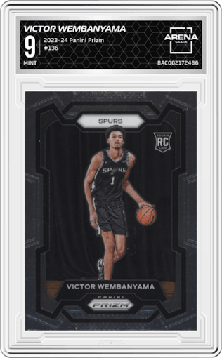 Victor Wembanyama from the 2023-24 Panini Prizm set graded by Arena Club and given an overall grade of 9.