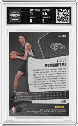 Victor Wembanyama from the 2023-24 Panini Revolution set featuring a Astro parallel graded by Arena Club and given an overall grade of 8.5.