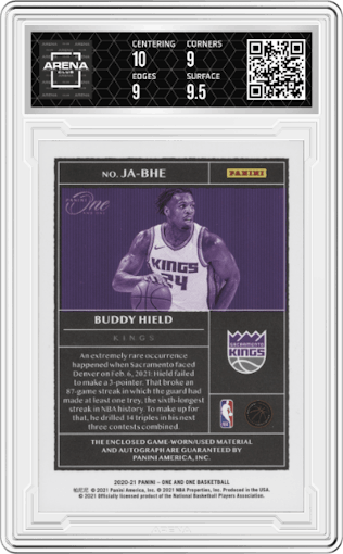 Buddy Hield from the 2022-23 Panini One and One set graded by Arena Club and given an overall grade of 9.5.