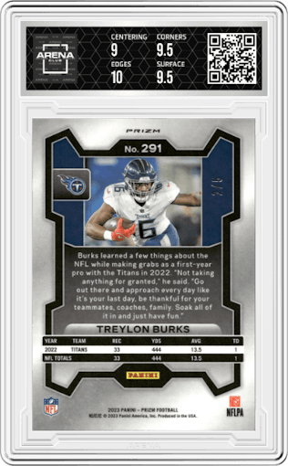 Treylon Burks from the 2023 Panini Prizm set featuring a Gold Vinyl parallel graded by Arena Club and given an overall grade of 9.5.