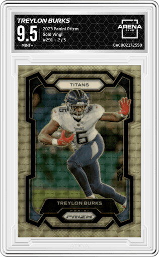 Treylon Burks from the 2023 Panini Prizm set featuring a Gold Vinyl parallel graded by Arena Club and given an overall grade of 9.5.
