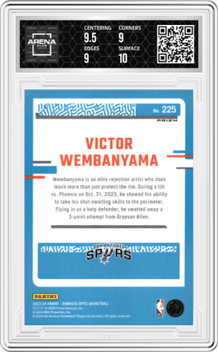 Victor Wembanyama from the 2023-24 Donruss Optic set featuring a Hyper Pink parallel graded by Arena Club and given an overall grade of 9.5.