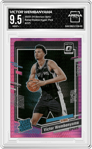 Victor Wembanyama from the 2023-24 Donruss Optic set featuring a Hyper Pink parallel graded by Arena Club and given an overall grade of 9.5.