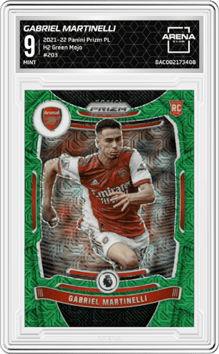 Gabriel Martinelli from the 2021-22 Panini Prizm Premier League set featuring a  H2 Green Mojo parallel graded by Arena Club and given an overall grade of 9.