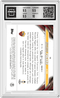 Riccardo Pagano from the 2023-24 Topps Chrome UEFA Club Competitions set featuring a Night Vision Ray Wave Refractor parallel graded by Arena Club and given an overall grade of 10.