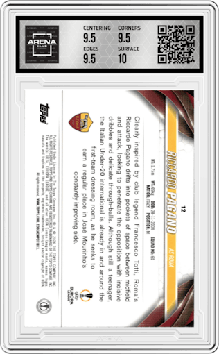 Riccardo Pagano from the 2023-24 Topps Chrome UEFA Club Competitions set featuring a Night Vision Ray Wave Refractor parallel graded by Arena Club and given an overall grade of 10.