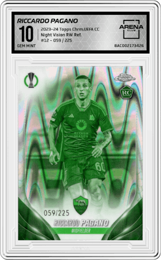 Riccardo Pagano from the 2023-24 Topps Chrome UEFA Club Competitions set featuring a Night Vision Ray Wave Refractor parallel graded by Arena Club and given an overall grade of 10.