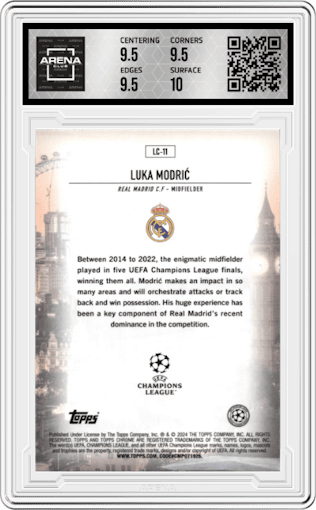 Luka Modric from the 2023-24 Topps Chrome UEFA Club Competitions set graded by Arena Club and given an overall grade of 10.