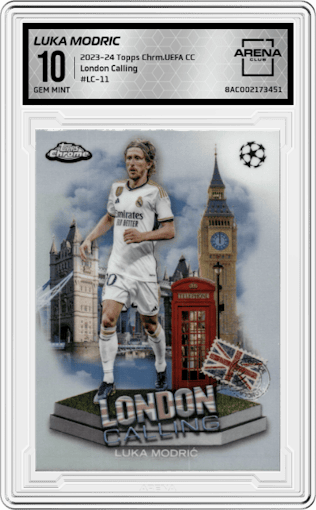 Luka Modric from the 2023-24 Topps Chrome UEFA Club Competitions set graded by Arena Club and given an overall grade of 10.