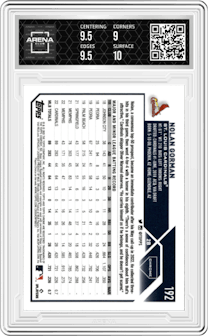 Nolan Gorman from the 2023 Topps Chrome set featuring a Sepia Refractor parallel graded by Arena Club and given an overall grade of 9.5.