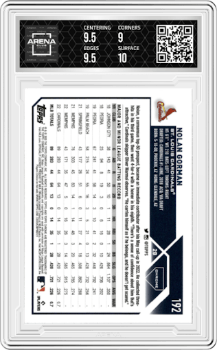 Nolan Gorman from the 2023 Topps Chrome set featuring a Sepia Refractor parallel graded by Arena Club and given an overall grade of 9.5.