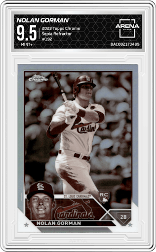 Nolan Gorman from the 2023 Topps Chrome set featuring a Sepia Refractor parallel graded by Arena Club and given an overall grade of 9.5.