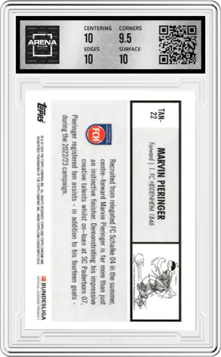 Marvin Pieringer from the 2023-24 Topps Chrome Bundesliga set featuring a Gold Refractor parallel graded by Arena Club and given an overall grade of 10.