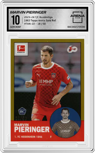 Marvin Pieringer from the 2023-24 Topps Chrome Bundesliga set featuring a Gold Refractor parallel graded by Arena Club and given an overall grade of 10.