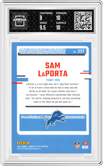 Sam Laporta from the 2023 Donruss Optic set graded by Arena Club and given an overall grade of 8.5.