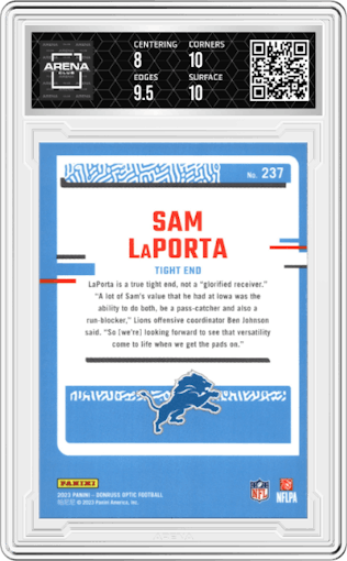 Sam Laporta from the 2023 Donruss Optic set graded by Arena Club and given an overall grade of 8.5.