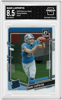 Sam Laporta from the 2023 Donruss Optic set graded by Arena Club and given an overall grade of 8.5.