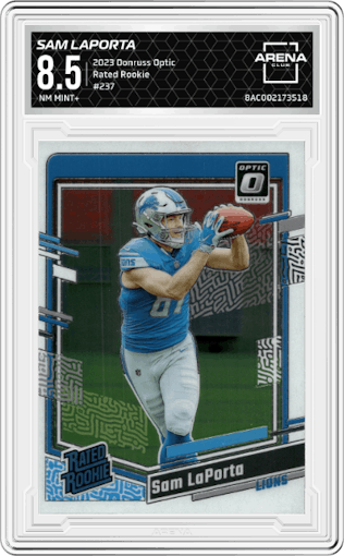 Sam Laporta from the 2023 Donruss Optic set graded by Arena Club and given an overall grade of 8.5.