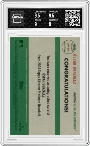 Oscar Gonzalez from the 2023 Topps Chrome Platinum Anniversary set featuring a Green Refractor parallel graded by Arena Club and given an overall grade of 9.5.