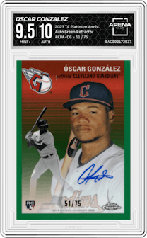 Oscar Gonzalez from the 2023 Topps Chrome Platinum Anniversary set featuring a Green Refractor parallel graded by Arena Club and given an overall grade of 9.5.